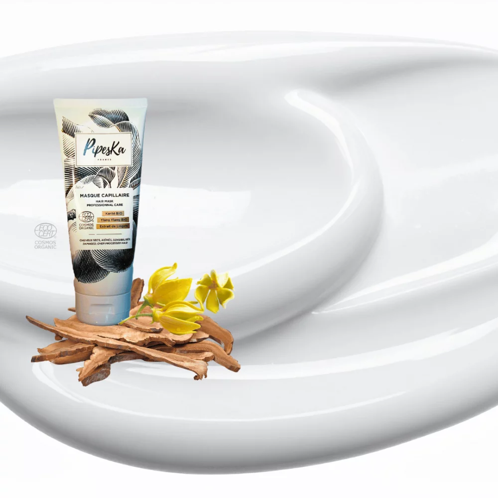 Texture crémeuse du Masque Pipeska aux actifs bio de Lingzhi, Karité et Ylang-Ylang Mascarilla Reparadora COSMOS Orgánica Pipeska con Lingzhi – Cabello Rizado, Ondulado y Afro | 200 ml
